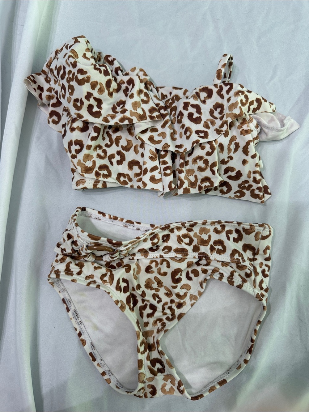 Janie and Jack Girls Leopard Print Ruffle Bikini Set - White and Brown